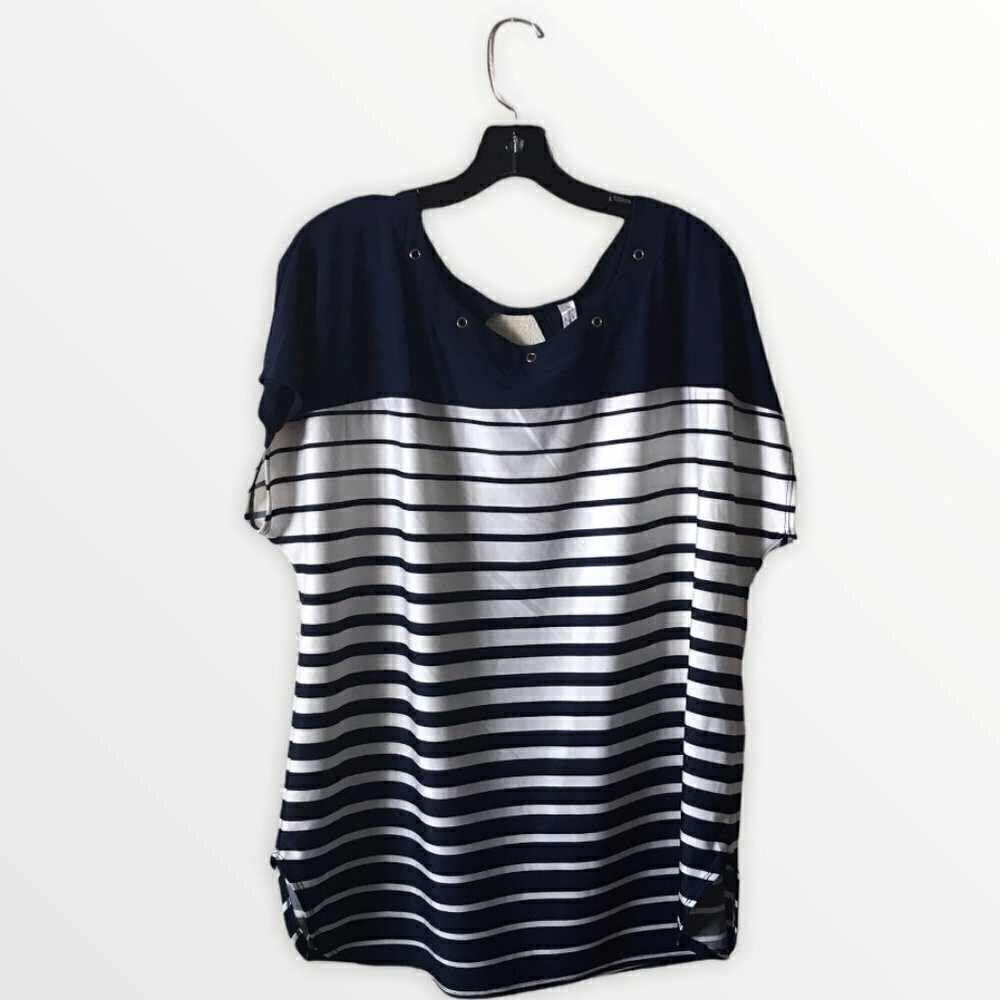PerSeption Women White/Navy Cap Sleeve Blouse With Riveted Holes at Neckline
